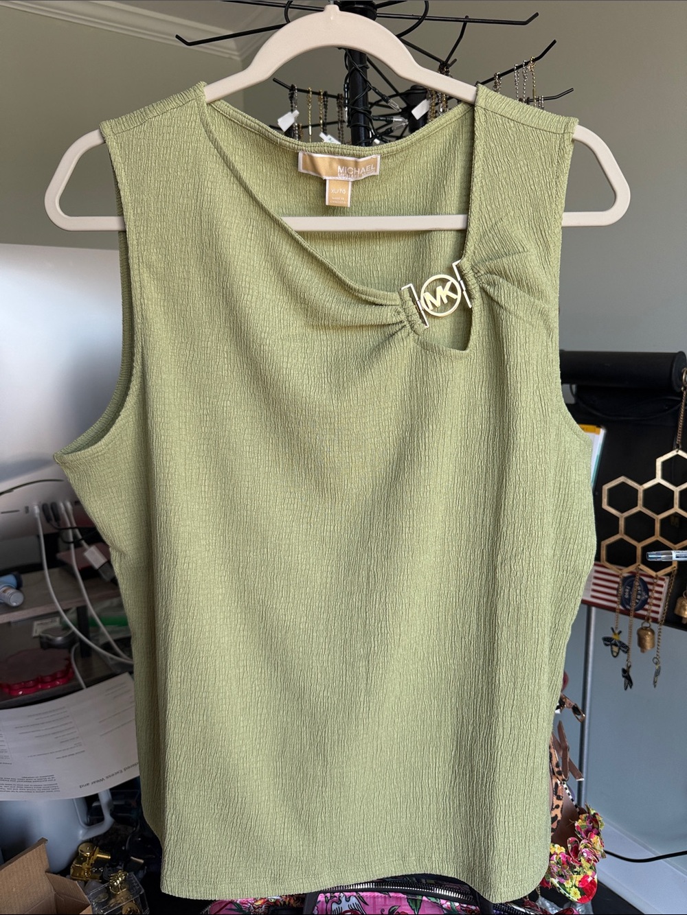 Michael Kors Light Olive Green Sleeveless Shirt with MK Ring